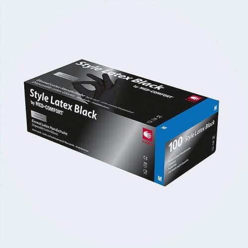 Ampri Style Latex Black lateksa cimdi, nesterili, nepūderēti, melni.  Iepakojumā 100 gabali.